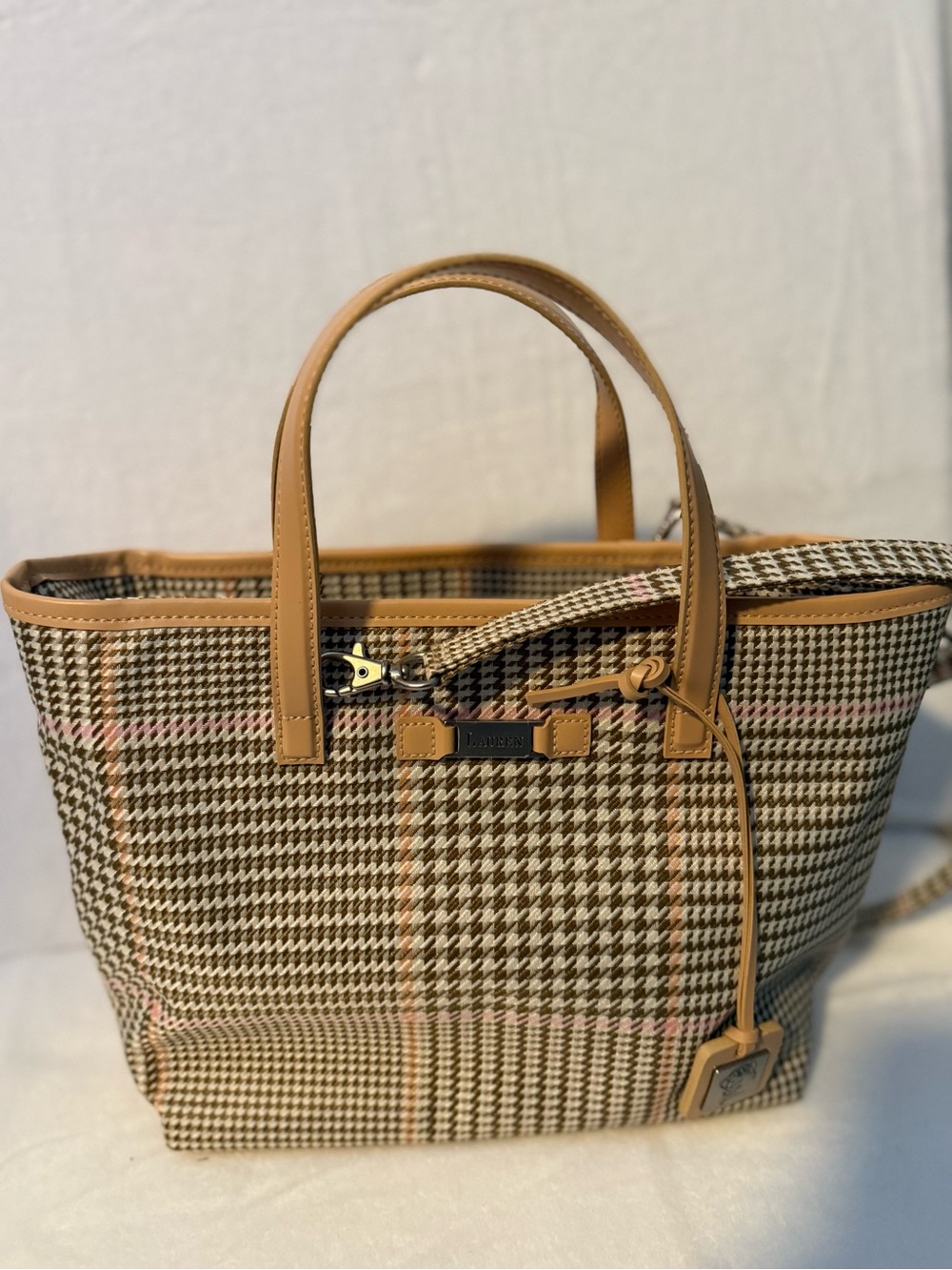 Ralph Lauren Tan and Brown Houndstooth Leather-Trim Tote
